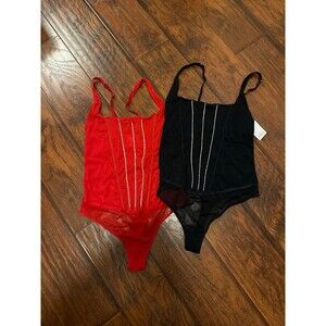 Bundle 2 Women's Rhinestone Lingerie Bodysuits Size Medium Red and Black - Auden